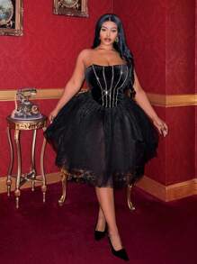 Slaydiva Elegant Rhinestone Decor Black Strapless Party Dress, Suitable For Holidays, New Year, Valentine's Day, Plus Size - Black - View 1