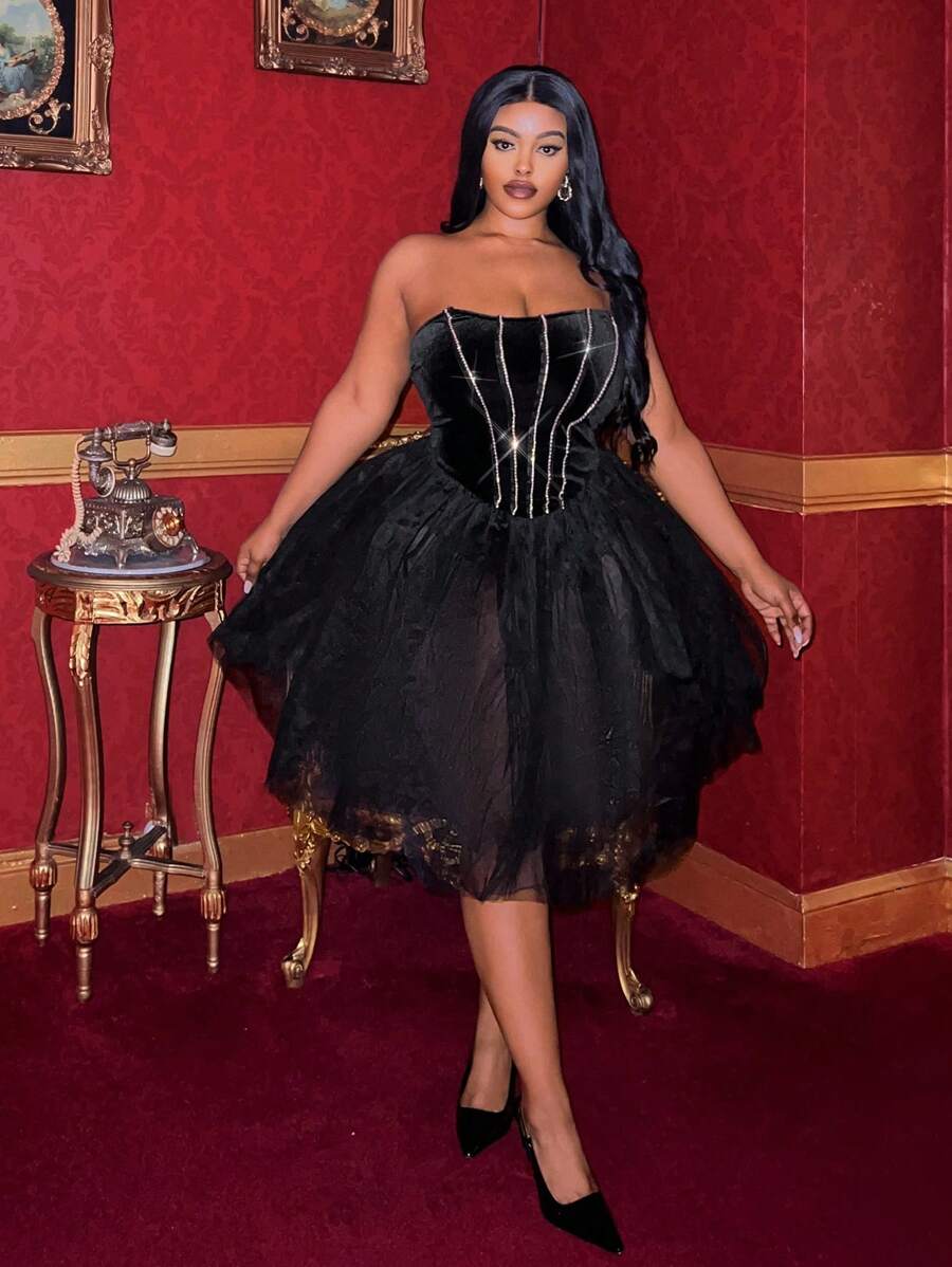 Slaydiva Elegant Rhinestone Decor Black Strapless Party Dress, Suitable For Holidays, New Year, Valentine's Day, Plus Size - Black - View 1