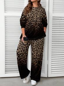 EMERY ROSE Casual Minimalist Allover Leopard Print Pullover Sweatshirt Set, Plus Size, , - White - View 6