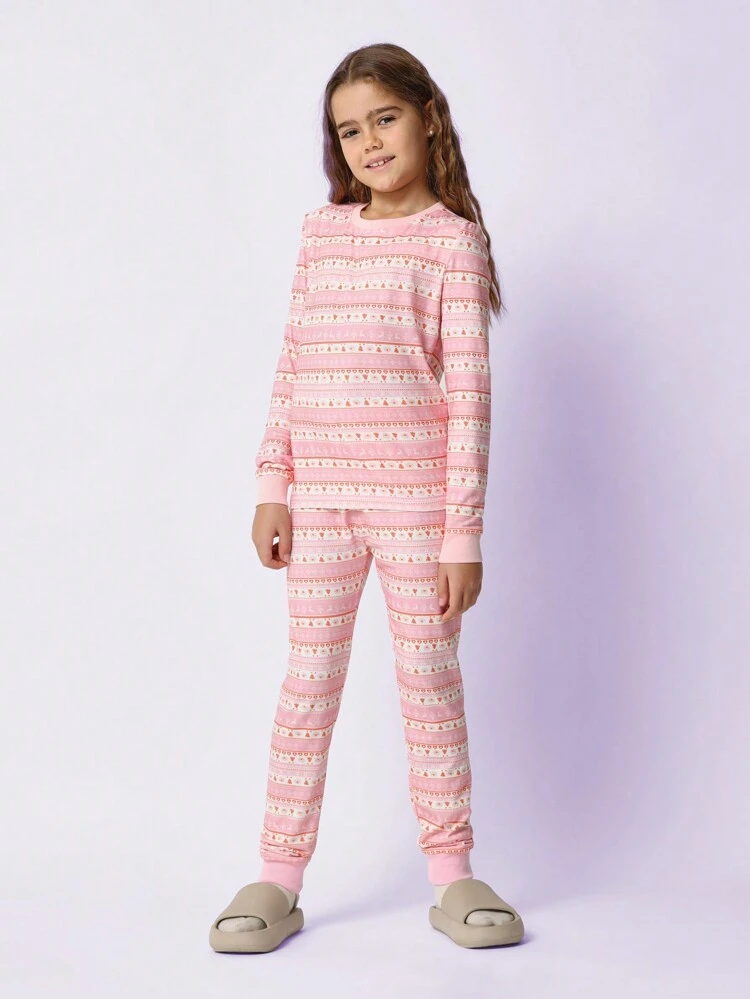 リブトリム付きロングスリーブフェアアイルプリントトップス＆ジョガーパンツ