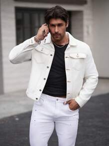 Manfinity Homme Men's Casual Versatile White Fitted Denim Jacket - Light Wash - View 3