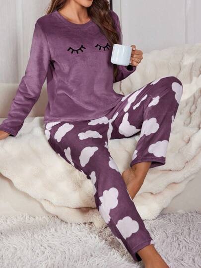 Set pigiama in flanella con ricamo di ciglie, manica lunga e pantaloni, morbido ed elegante, abbigliamento autunno inverno