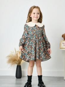 SHEIN Leap Crew Đầm dệt trơn màu cổ Peter Pan cho bé gái & váy chắp vá họa tiết hoa nhỏ nhắn - Cà phê nâu - Xem 5