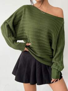 SHEIN PETITE Women's Long-Sleeved Over-The-Shoulder Sweater Can Be Worn Across The Shoulder For A Slouchy Look In Fall/Winter
