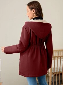 SHEIN Maternity Hooded Jacket/Coat, Fuzzy Button Solid Color Jacket For Pregnant Women, Autumn/Winter - Burgundy - View 2