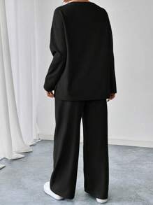 SHEIN LUNE 2pcs/Set 25+ Casual Sports Textured Sweatshirt And Pants Set - Black - View 2