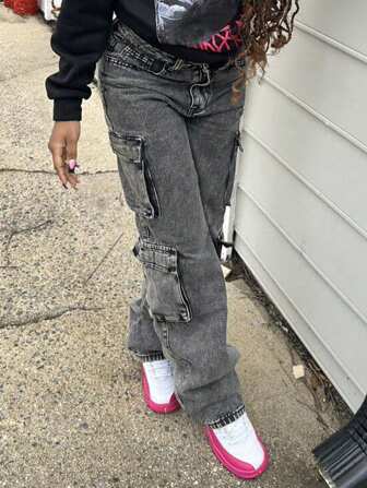 Women's Y2K Streetwear Multi-Pocket Straight Leg Cargo Jeans With Flap Pockets