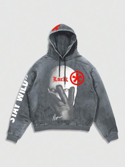 Street Life sweat-shirt à capuche à manches longues pour hommes avec impression de lettres et de chiffres flocs de neige lavés