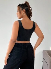 SHEIN EZwear Top corto sin mangas con diseño de patchwork para tallas grandes, informal y versátil - Negro - Ver 2