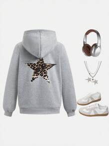 青少年女孩温暖休闲宽松豹纹印花和星星图案连帽衫，秋冬