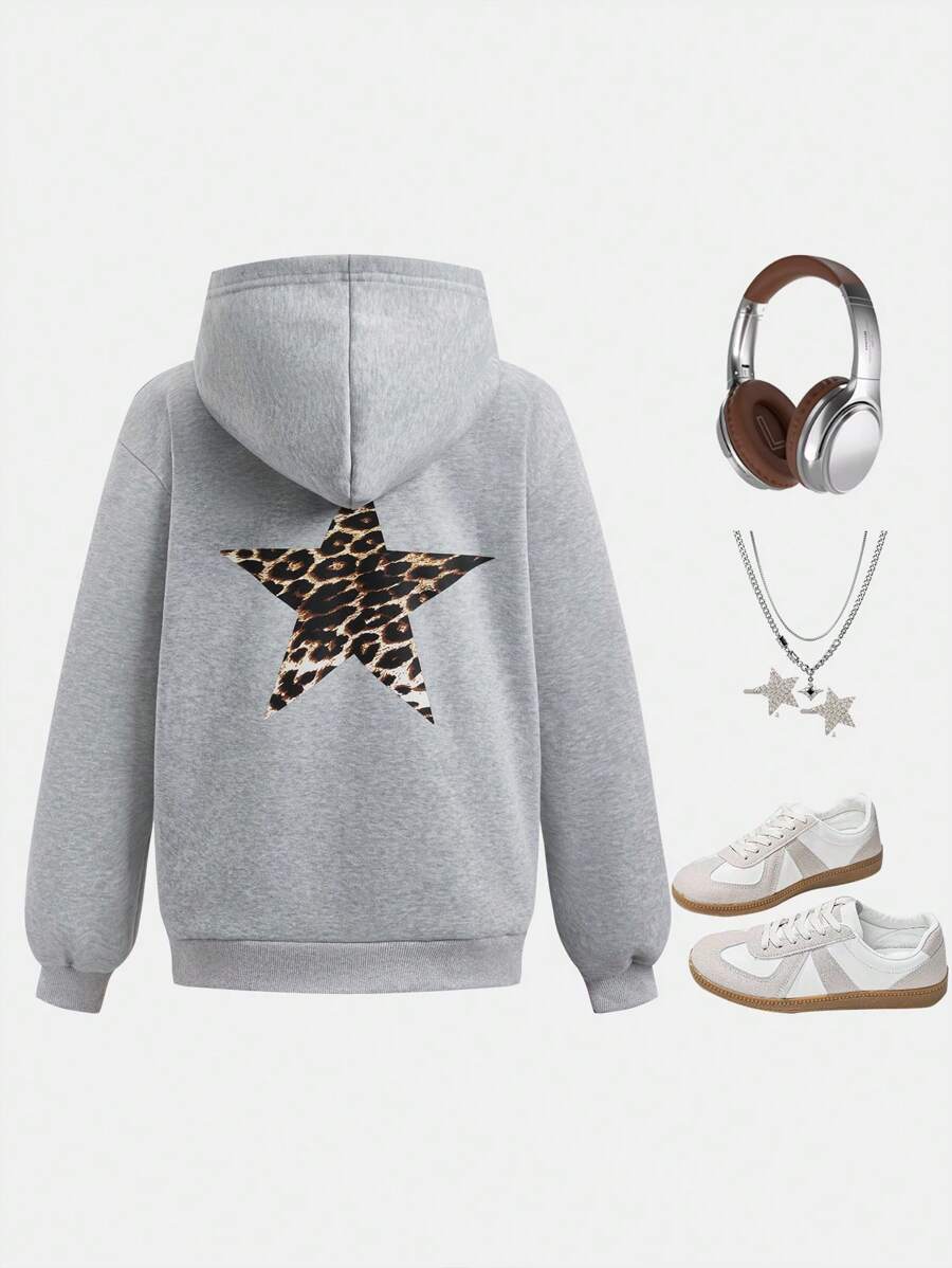 青少年女孩温暖休闲宽松豹纹印花和星星图案连帽衫，秋冬