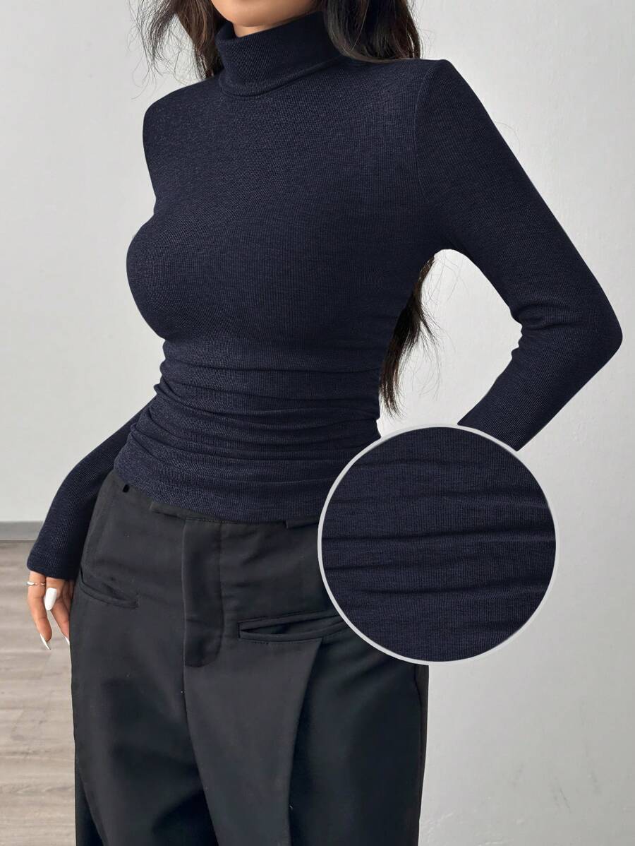 SHEIN EZwear Navy Blue Knitted Women Tight Fit T-Shirt, Minimalist Fashionable Casual Daily Wear