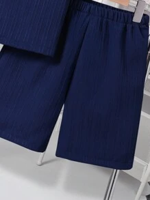 2pcs Teenage Boy Textured Fabric Shirt With Western Stitch Print & Matching Shorts, Spring & Summer Set - Dark Wash - View 4