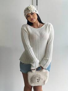 Flirla Plus Size Euro Style Sexy Backless Tie Up White Women Long Sleeve Crew Neck Sweater, Autumn/Winter Knit Pullover Fall - White - View 3