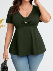 SHEIN Clasi Plus Size Casual Versatile Solid Color Short Sleeve T-Shirt - Army Green - View 1