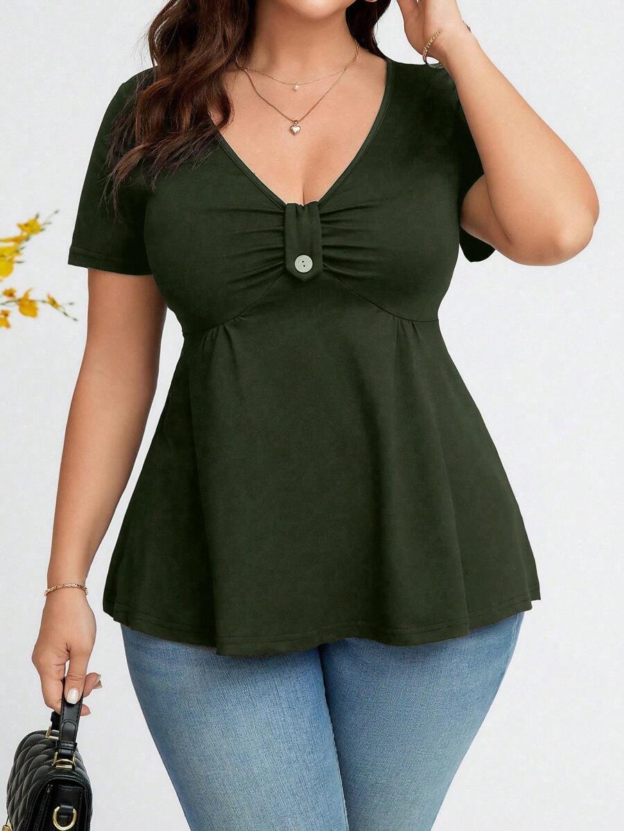 SHEIN Clasi Plus Size Casual Versatile Solid Color Short Sleeve T-Shirt - Army Green - View 1