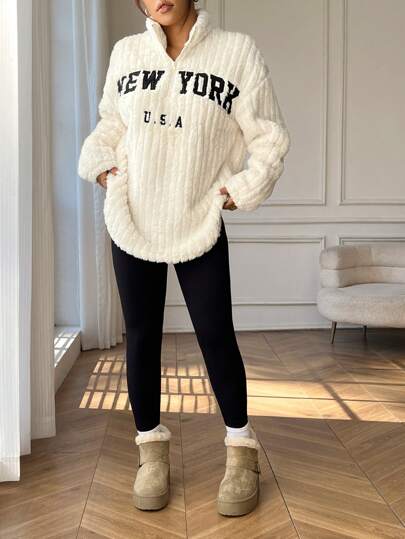 SHEIN EZwear 2pcs/Set Casual Letter Print Zip-Up Fleece Hoodie And Fitted Yoga Pants, Versatile Plus Size, Autumn/Winter