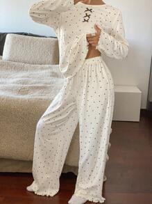 Livesso Conjunto de pijama con estampado de lunares, diseño de dobladillo ondulado y decoración de lazo