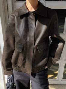 DAZY 秋季新款宽松休闲PU皮女式夹克，秋季女装皮夹克