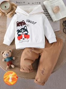 Baby Boy Girl Autumn Cute White Puppy Print Hooded Sweatshirt & Jeans Set,Fashionable Long-Sleeved Family Matching Outfit For Kids Parties,2pcs - Apricot - View 1