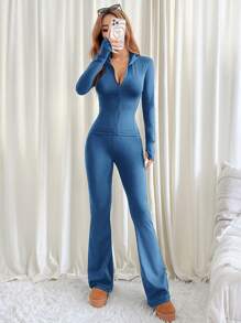 SHEIN EZwear 2 件套女士休闲纯色修身衬衫和喇叭裤套装，秋冬 - 藍色 - 查看 3