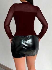 Zolique Autumn Fashionable Sexy Sheer Mesh Contrast T-Shirt - Burgundy - View 2