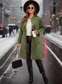 SHEIN Clasi Chaqueta elegante acolchada de terciopelo con botones y bolsillos, adecuada para otoño/invierno, tallas grandes