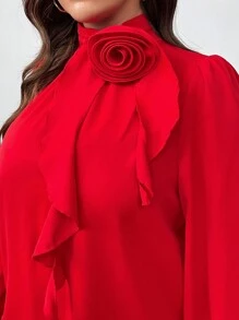 SHEIN Damska bluzka z kołnierzykiem z falbanką w rozmiarze plus size, ozdobiona kwiatami 3D, jesienna, noworoczna, walentynkowa