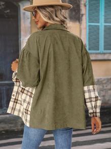 SHEIN LUNE Casual Plaid Patchwork Regular Jacket, Spring/Autumn - Olive Green - View 2