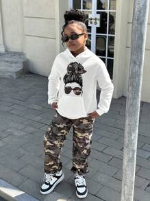 Tween-Mädchen Lässiges Streetwear-Set aus bequemem Strick-Sweatshirt mit Rundhalsausschnitt und Camouflage-Hosen - Armeegrün - Übersicht 4