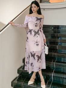 DAZY Elegant Mesh Butterfly Print Off Shoulder Mid-Length Dress Festival Prom Dress,Fall Dress Long Sleeve Dress - Grey - View 5