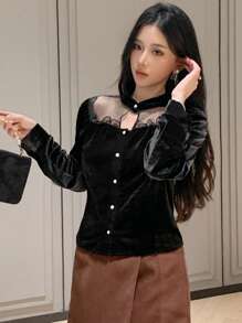 DAZY Camicia da donna con colletto alla coreana, maniche a lanterna, patchwork, stile minimalista casual per tutti i giorni, top a maniche lunghe per l'autunno - nero - Visualizzare 3