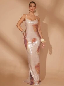 Lumalex Summer Vacation Bohemian BOHO Sea Beach Hot Outdoor Richly Layered Wedding Season Banquet Coming Of Age Ceremony Beach Seaside Spring Holiday Party Banquet Wedding Long Sequined Bodycon Sheer Jumpsuit Dress For Women