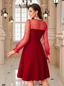 Vintamour Vestido elegante y vintage de ajuste ceñido para fiesta de Navidad de mujer, con mangas largas con diseño de empalme de malla y falda acampanada, disfraz calado, atuendo de mujer para Acción de Gracias, ropa de otoño, disfraz de princesa, vestido de mujer para Navidad, baile de máscaras, vestido elegante sexy rojo, disfraz de hada, vestido para el Día de San Valentín, vestido de cumpleaños para mujer, vestidos elegantes para mujer con lazo - Rojo - Ver 2