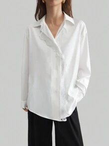 Ontre Damen einfarbiges langärmliges Hemd mit Einzelreihigem Verschluss, lässig geschnitten, Herbst - Weiss - Übersicht 4