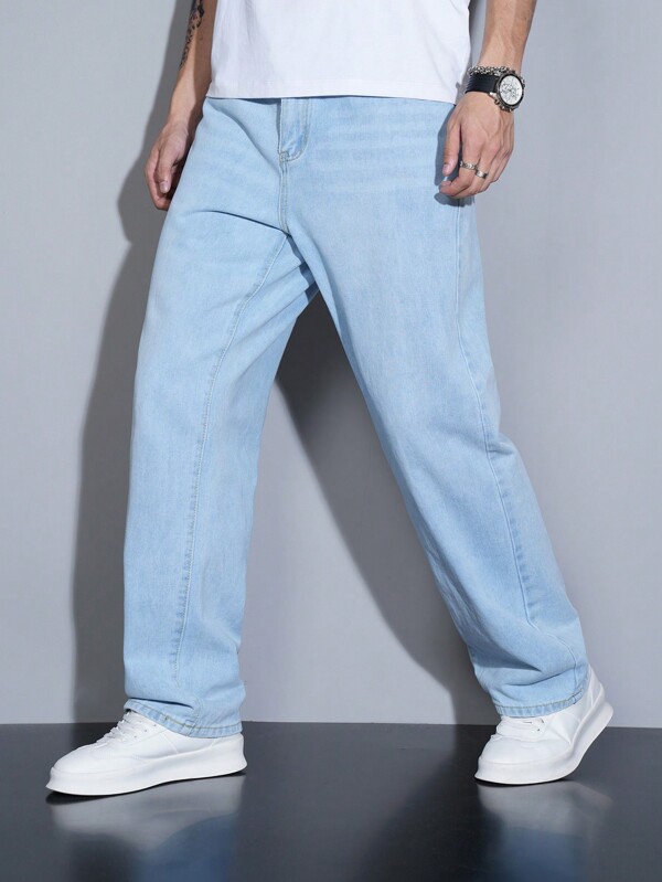 Manfinity Homme Men's Straight Loose Fit Multi-Pocket Casual Denim Jeans