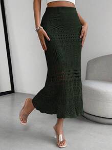 Chiquease Conjunto informal de suéter de punto hueco de unicolor con minifalda, para otoño - Verde Oscuro - Ver 1