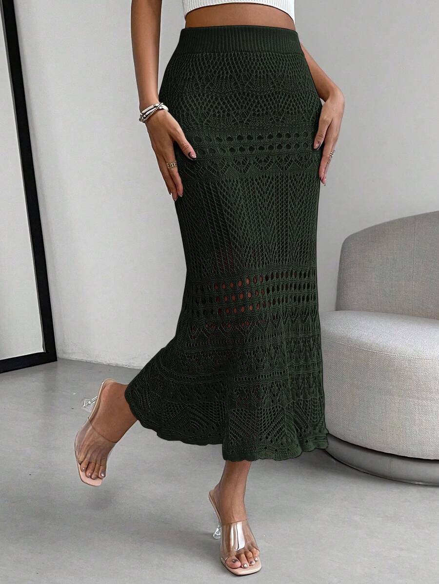 Chiquease Conjunto informal de suéter de punto hueco de unicolor con minifalda, para otoño - Verde Oscuro - Ver 1