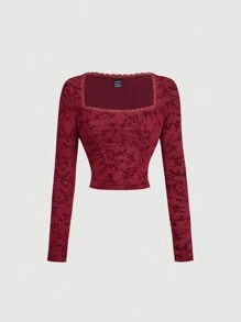 SHEIN MOD Vierkant hals kant splicing rood gevlokt T-shirt, elegant T-shirt, nieuwjaars T-shirt, uitgaans T-shirt, binnen T-shirt,