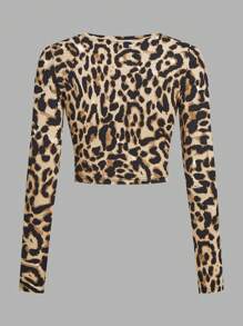 SHEIN Essnce 4 件豹纹黑白休闲简约图案圆领长袖短款紧身女式 T 恤 - 彩色 - 查看 8