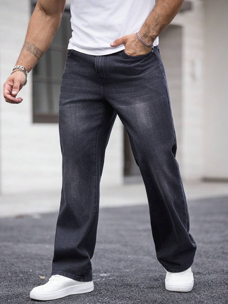 Manfinity Homme Men's Straight Leg Casual Washed Loose Fit Jeans With Pockets