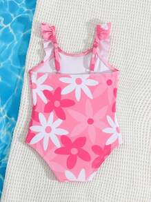 SHEIN 女婴可爱花卉印花荷叶边连体泳衣和沙滩装 - 粉色 - 查看 2