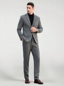 Manfinity VCAY 2 件套男士修身编织休闲商务西装套装，适合办公室穿着 - 深灰色 - 查看 1