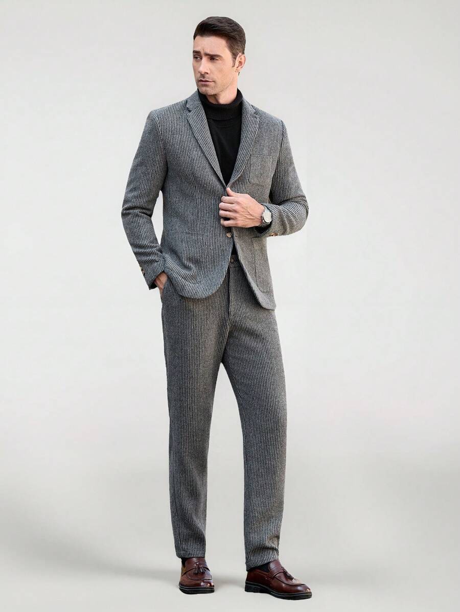 Manfinity VCAY 2 件套男士修身编织休闲商务西装套装，适合办公室穿着 - 深灰色 - 查看 1