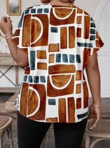 SHEIN LUNE Plus Size Women Geometric Print Round Neck Short Sleeve Loose Casual Shirts For Summer - Brown - View 2