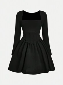 SHEIN 青少年女孩优雅纯黑色巴洛克腰线连衣裙，万圣节、生日派对、返校节礼服