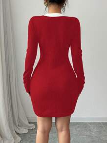 Elenzga Robe pull moulante femme en patchwork avec nœud papillon pour vêtements du Nouvel An - Rouge - Voir 2