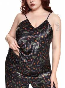 ROMWE Fairycore Plus Size Fairy Core Butterfly Mushroom Floral Satin Allover Print Camisole & Lounge Pants Set