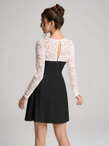 SHEIN Belle 女士正式晚礼服，时尚秋冬宴会聚会名媛优雅日常穿着弹力面料紧腰舞会礼服，婚礼宾客礼服 - 黑色 - 查看 2