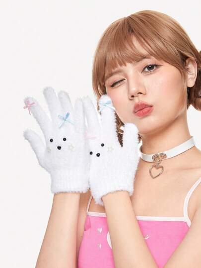 Kawaii 1 Pair Lolita Style Cute Puppy Plush Gloves With Bow Decor, Warm Gloves For Daily Wear In Winter Valentines